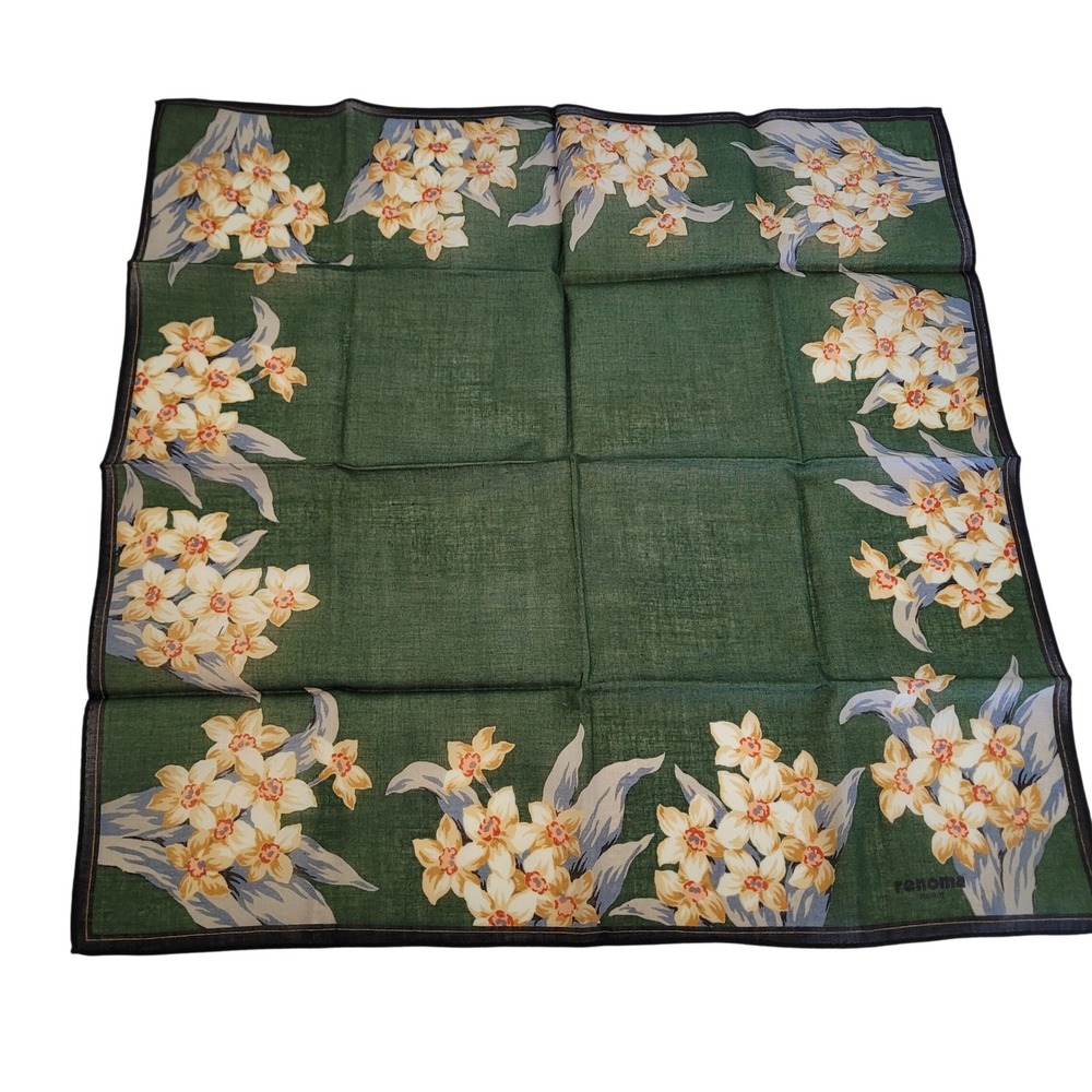 Renoma Paris Vintage Handkerchief Green Floral Narcissus Pocket Square 17x17